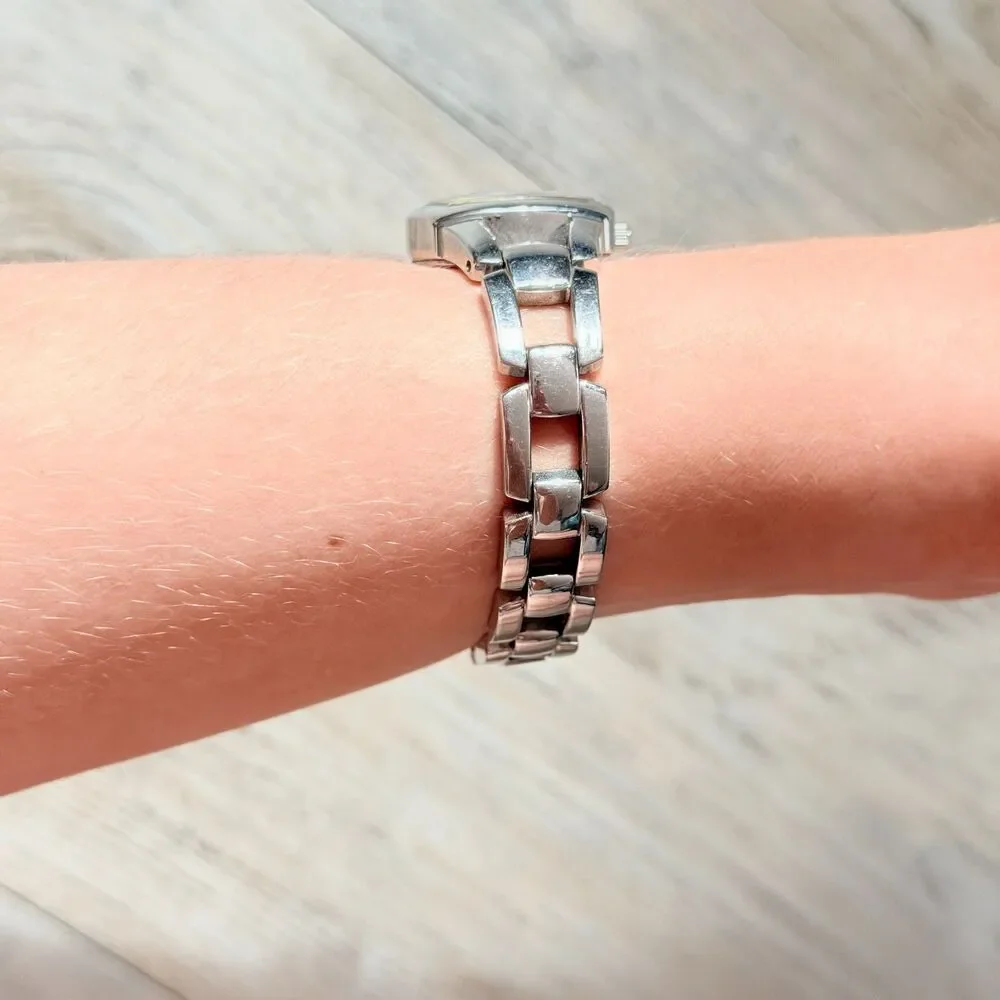 Vintage Fossil F2 Pink Dial Silver Tone Link Bracelet Watch Y2K Chunky Retro